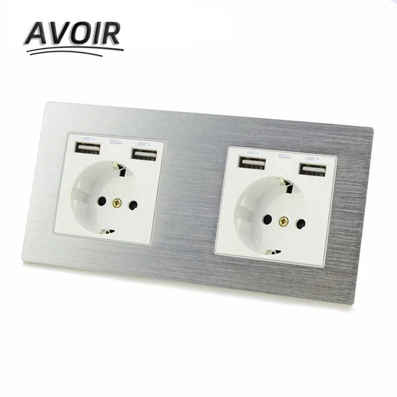

Avoir DE EU Plug Wall Socket With LED Indicator USB Port Power Adapter Double Socket Power Electrical Outlet Metal Panel