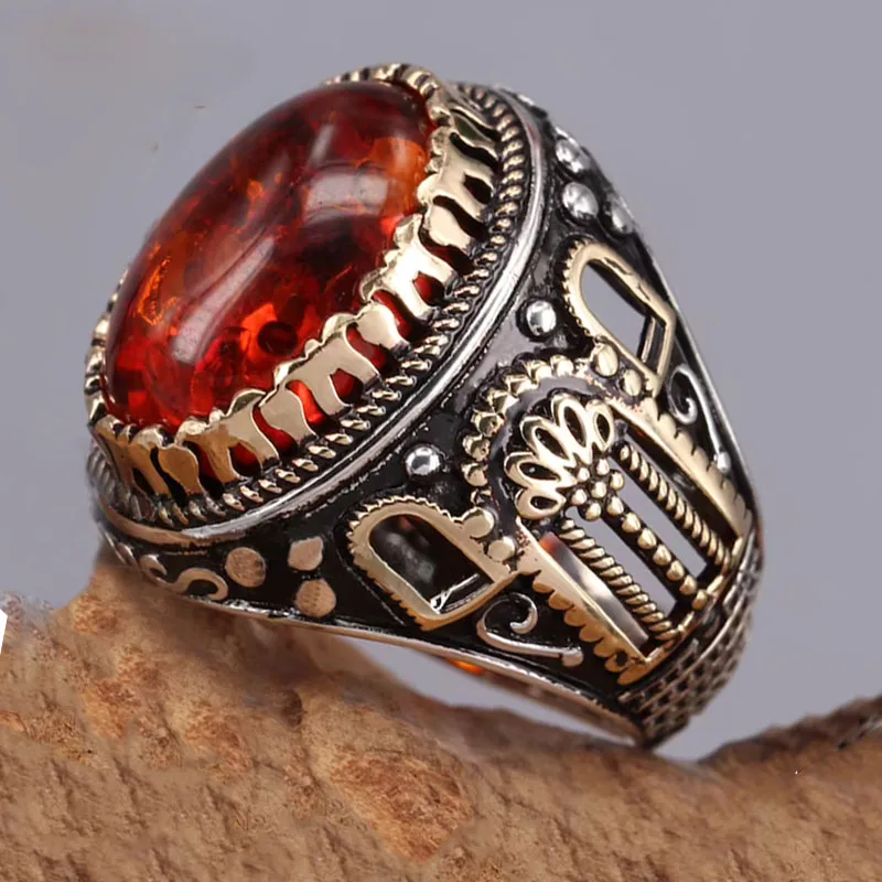 

Mifeiya Punk Men's Two Color Red Crystal Finger Ring Engraving Geometric Irregular Pattern for Male Party Jewelry Size 6-13