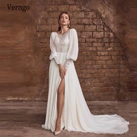 verngo 2021 delicate lace and chiffon a line beach wedding dress puff long sleeves buttons slit backless sexy bridal dresses