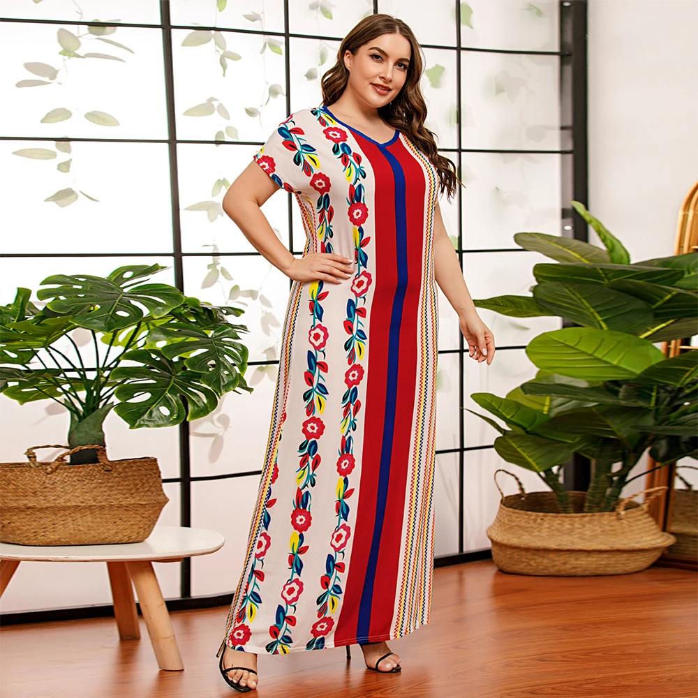 

Летнее модное женское классическое платье FridayIn с V-образным вырезом, коротким рукавом и цветочным принтом, тонкое длинное платье большого р...