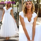 Простые короткие свадебные платья ANJURUISI 2020, кружевные трапециевидные Свадебные платья с v-образным вырезом и рукавами-крылышками, белые свадебные платья из тюля