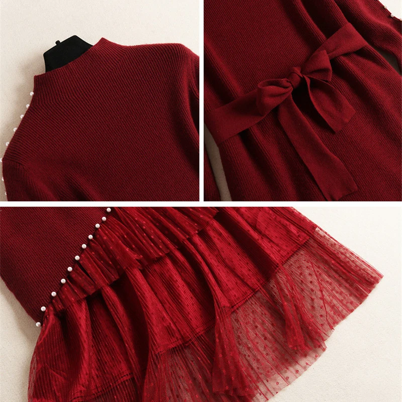 

Women Fashion Lace Up Pearls Pullover Top+Tulle Skirt Matching Set Party Outfit New 2019 Autumn Winter Sweater Skirt 2Piece Set