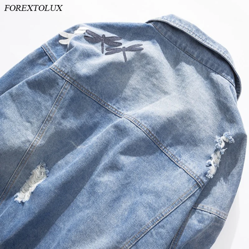 Куртка женская джинсовая с вышивкой стрекозы свободная модная уличная одежда из