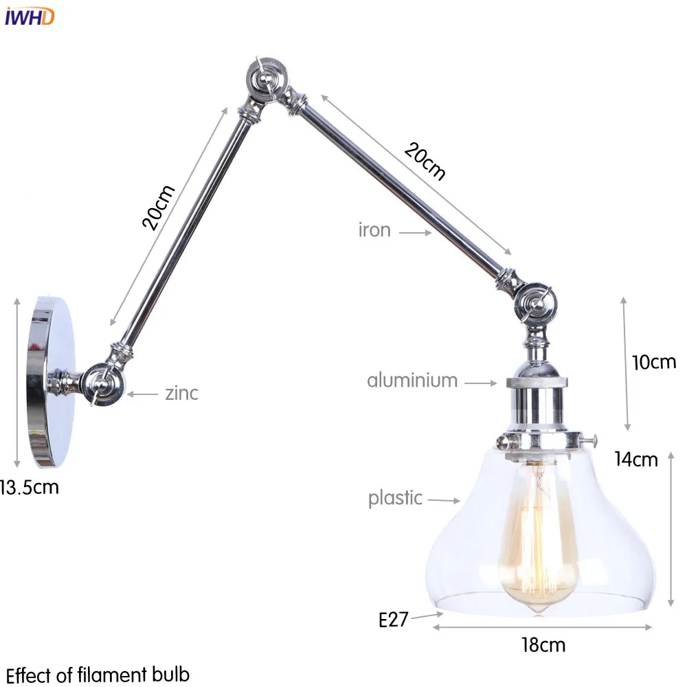 IWHD Silver Swing Long Arm Retro Wall Light Bedroom Bar Cafe Stair Industrial Loft Decor Vintage Lamp Sconce Wandlamp LED | Освещение