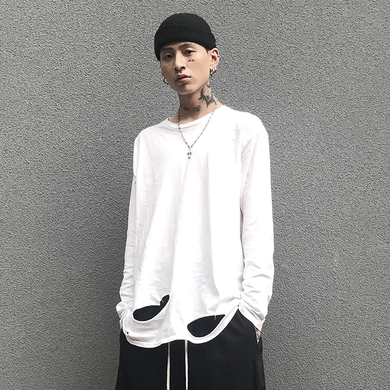 Винтажная Мужская одежда футболка с длинным рукавом дырками большого размера в