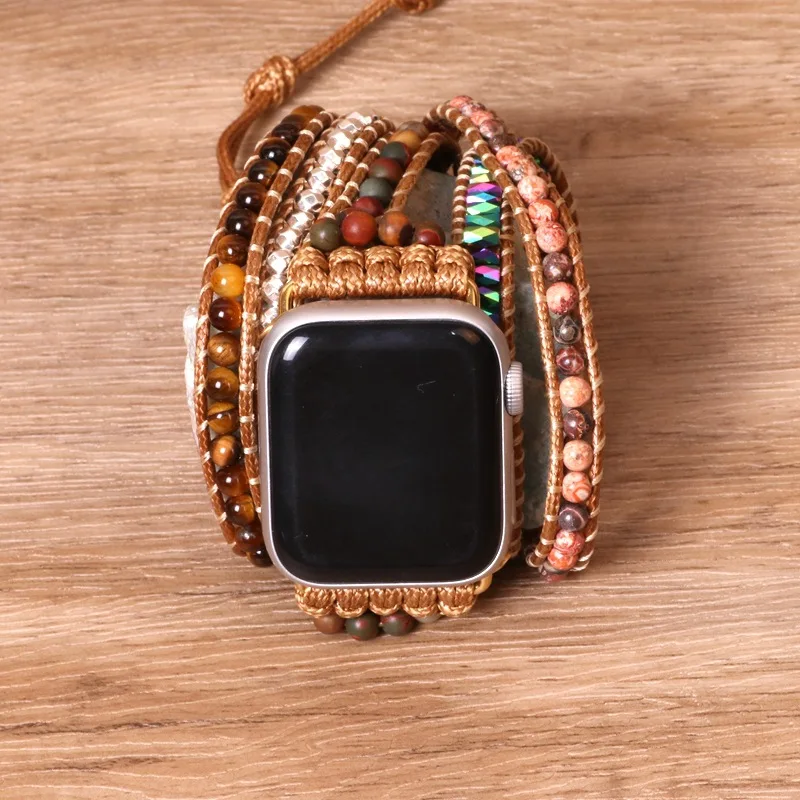OAIITE 5 Layers Wrapped Bracelet Watch Band For Apple Nautral Tiger Eye Silver Color Beads Bracelets Boho Woven Wrist Jewelry