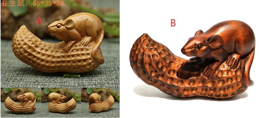 

2-Дюймовая скульптура из бокса ручной работы Netsuke, миниатюрная Милая мышь и арахис-# ZQC034