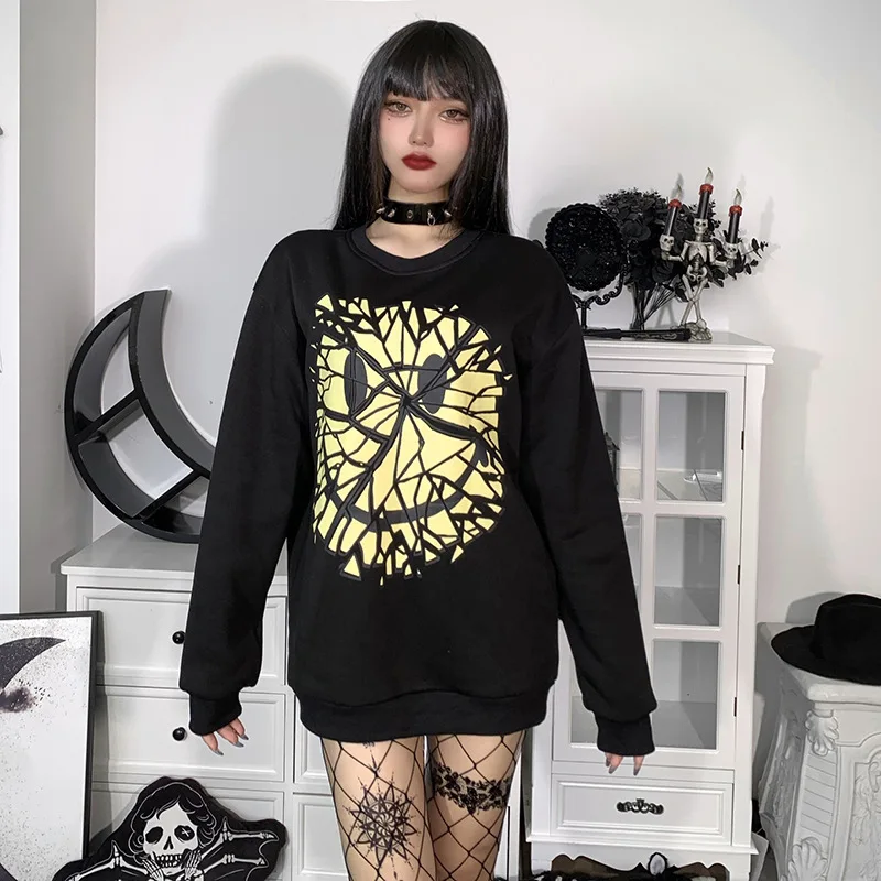 

Dark Goth Cloth Gothic New Autumn/winter Sweatshirt 2021 Women Loose-fitting Round Collar Smiley Face Printed Long-sleeve Hoodie