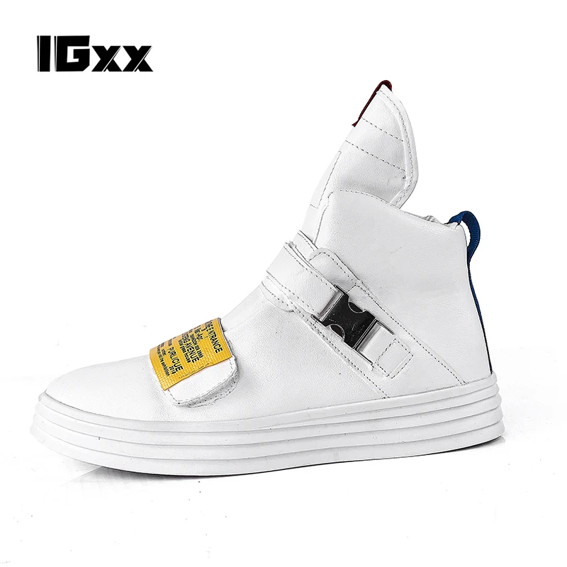 IGxx Elevator Motorcycle Boots Men Harley High Zip Cow Leather Punk cool Boots For Men Metal Basketball Hook&Loop Combat Boots