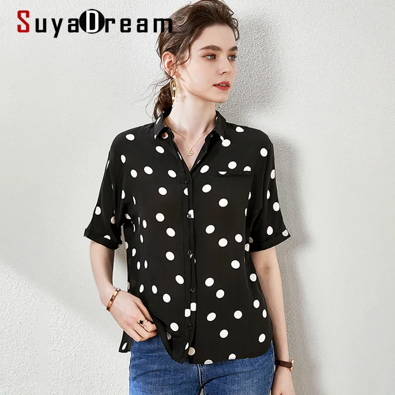 

SuyaDream Chiffon Blouse Women 100% Silk Crepe Polka Dot Turn Down Collar Office Blouse Shirt 2020 Summer Elegant Silk Blouses