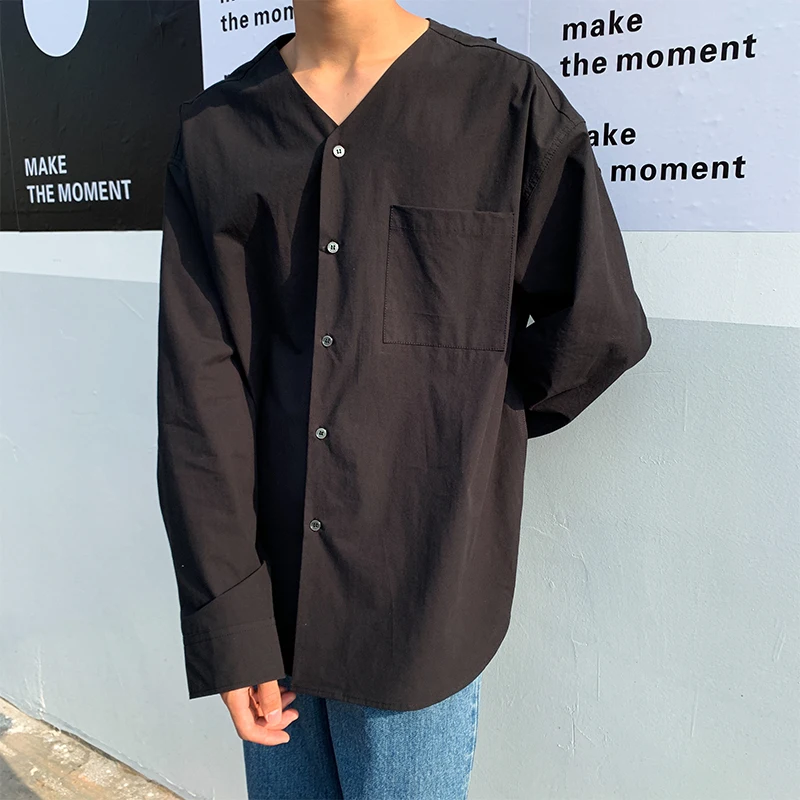 Рубашка мужская с длинным рукавом и V образным вырезом свободная Повседневная