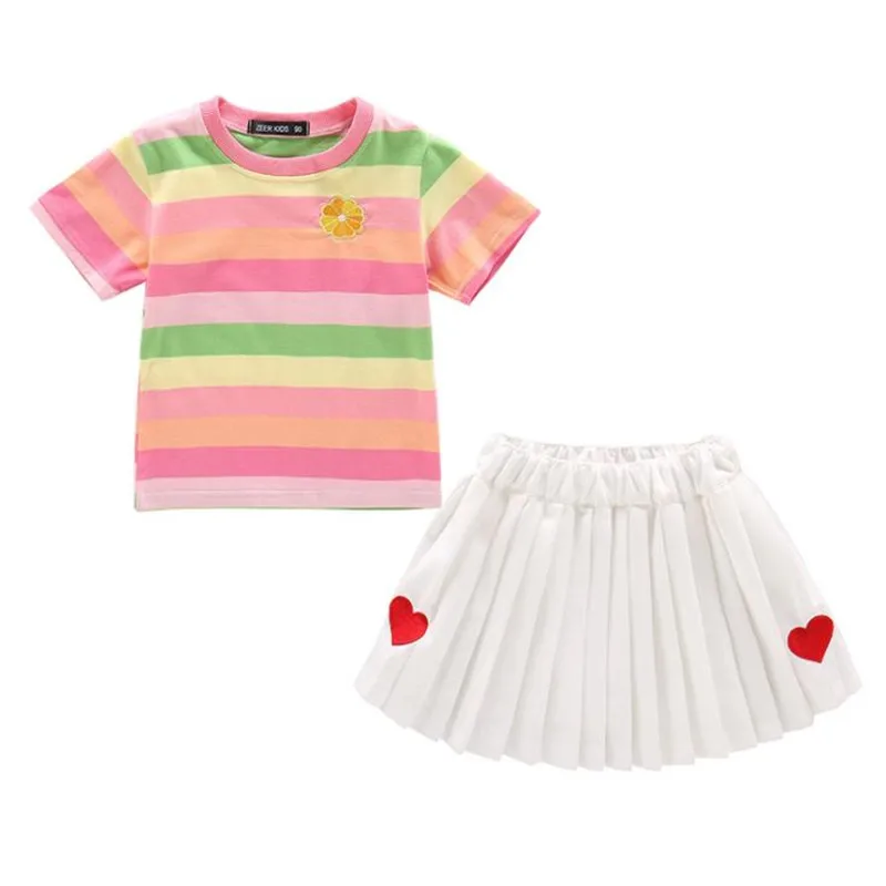 

DFXD Girls Clothing Set 2020 Summer Kids Fashion Princess Outfit Sets Colorful Striped T-shirts Heart Embroidery Pleated Skirts