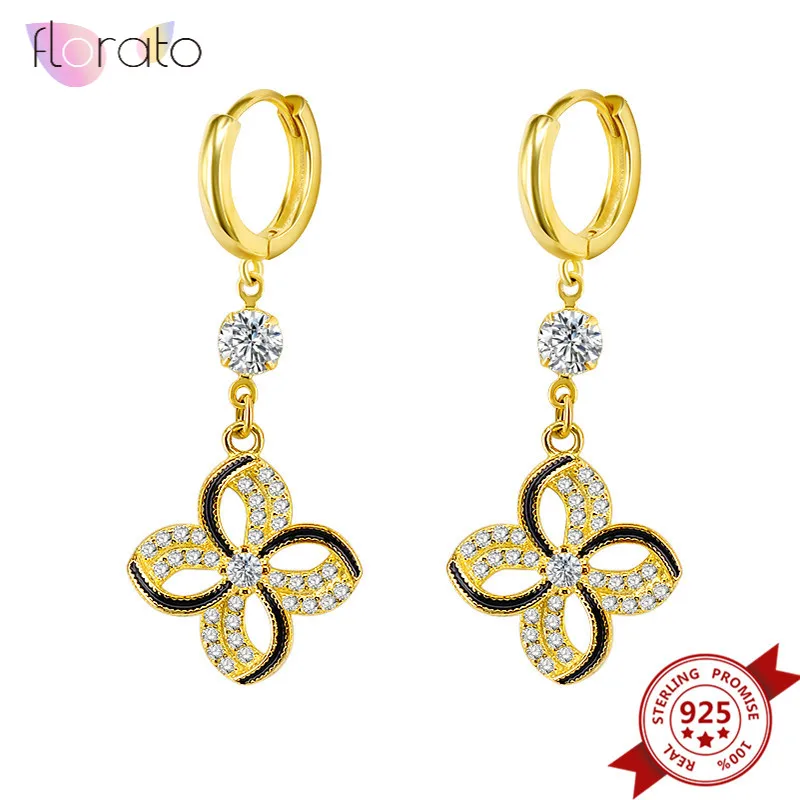 

925 Sterling Silver Flower Hanging Hoop Earrings for Women Gold Color Shiny Crystal Huggie Earrings Fashion Jewelry Gift