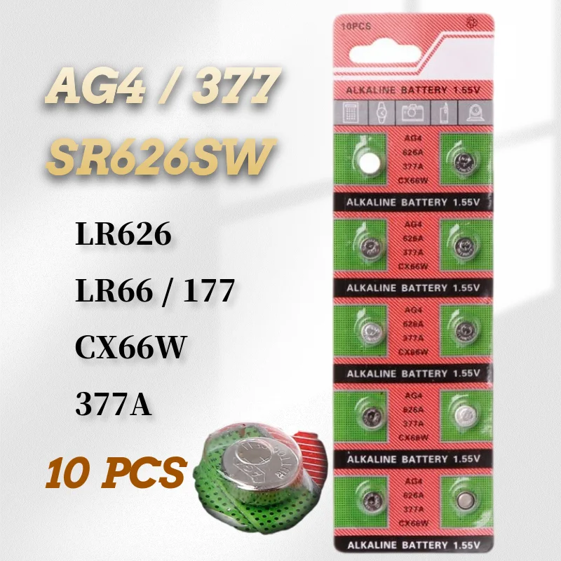 

2021-New 10pcs/pack 30mAh AG4 377 Battery SR626SW SR626 177 376 626A LR66 LR626 SR66 Button Cell Watch 1.55V watch batteries