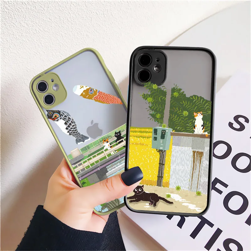 Cartoon Animal Cat Scenery Phone Case For iphone 6s 7 8 Plus SE2 11 12 14 13 Pro Max X XR XS MAX Hard Matte Shockproof Cover