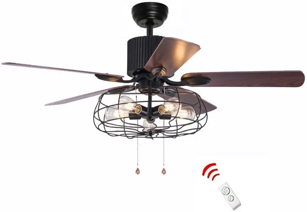 

52 Inch Retro Industrial Ceiling Fan with Light 5 Blade Chandelier Fan Remote Control Iron Cage Pendant Lamp Fan for LivingRoom