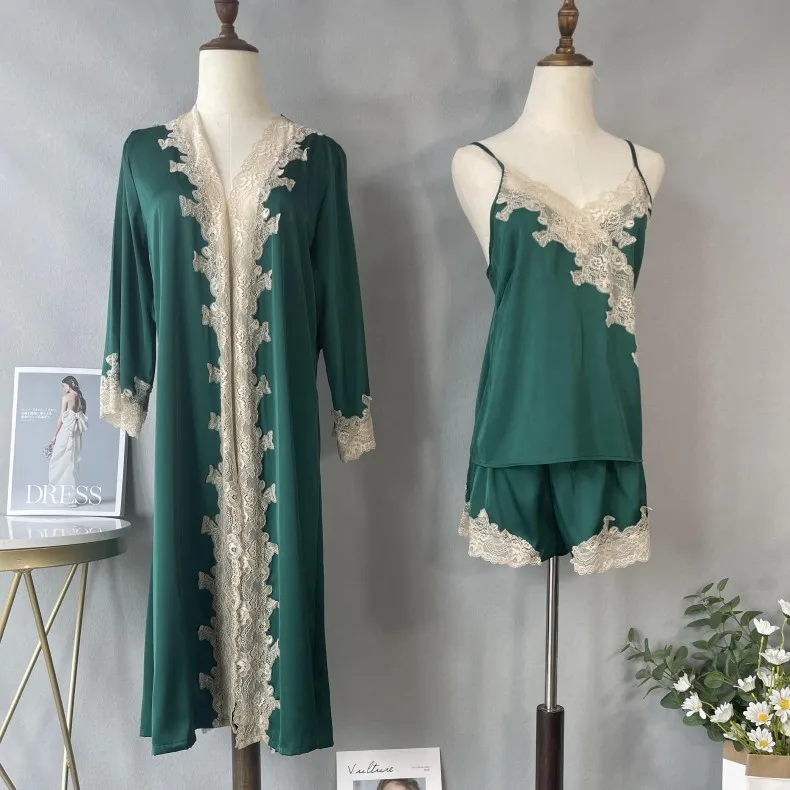 

Женский комплект одежды из 3 предметов, пижамный комплект с искусственной кожей, сексуальное кружевное кимоно, женский Шелковый комплект дл...