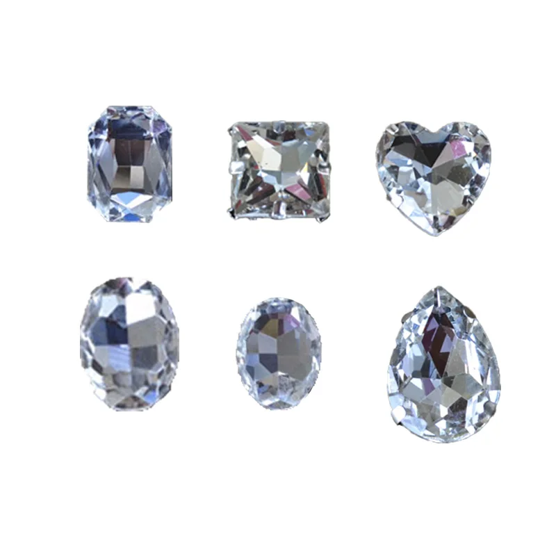 

New product! White mixed shape mixed size crystal buckle + claw rhinestones, silver base galss sewn on stone for diy/wedding