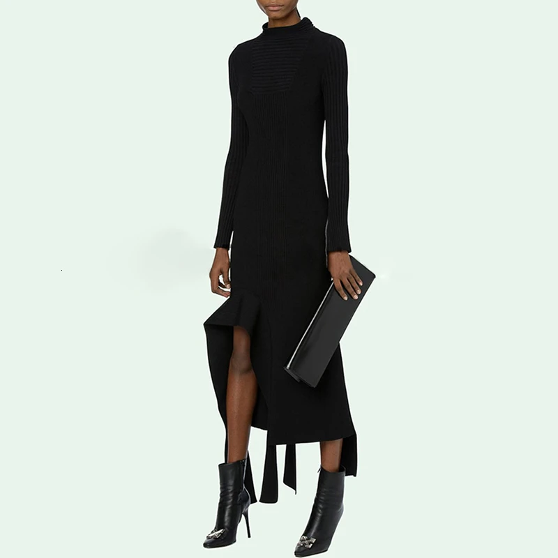 TWOTWINSTYLE элегантное платье для женщин с длинным рукавом и круглым вырезом с высокой талией тонкие асимметричные платья женские осенние модные новые