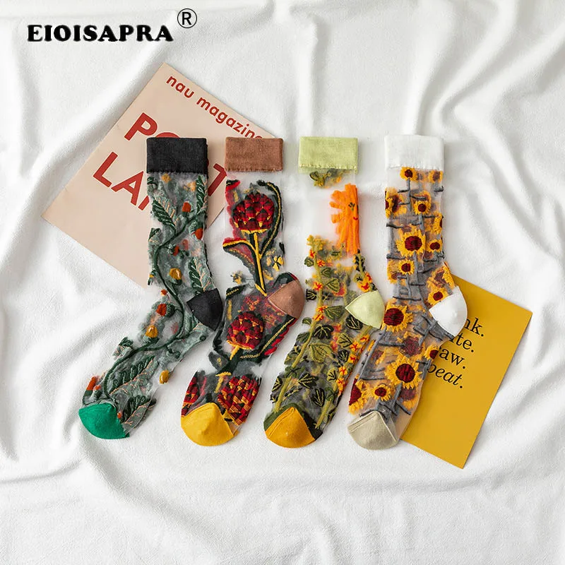 

Novelty Harajuku New Product Crystal Silk Tide Socks Funny Sunflowers Vines Flowers Happy Women Socks Casual High Quality Sox