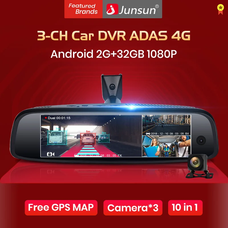 Junsun 2+ 32GB 3-CH Автомобильный видеорегистратор ADAS 4G Android зеркало заднего вида FHD 1080P специальный кронштейн авто камера для такси Новинка