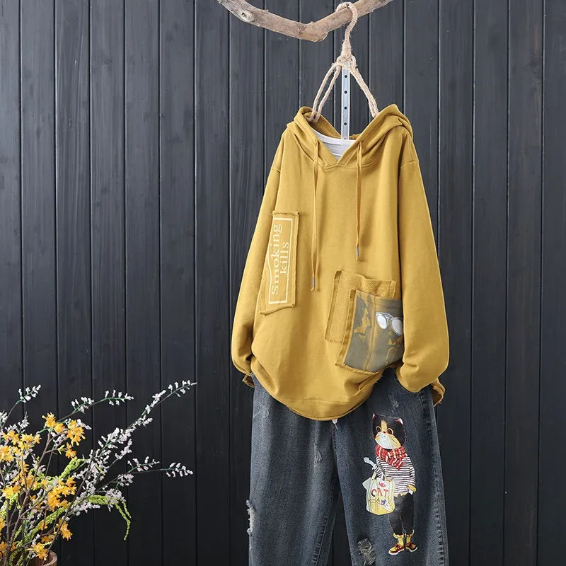 

New Arrival 2021 Spring Arts Style Women Long Sleeve Loose Pullovers Plus Size Print Patchwork Cotton Casual Hooded Hoodies V74