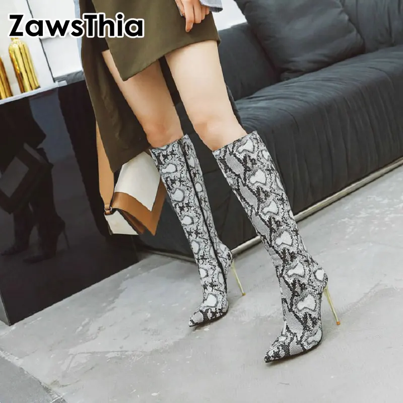 

ZawsThia 2020 sexy snake leopard print woman boots 10cm super thin high heels stilettos boots women knee high boots size 34-48