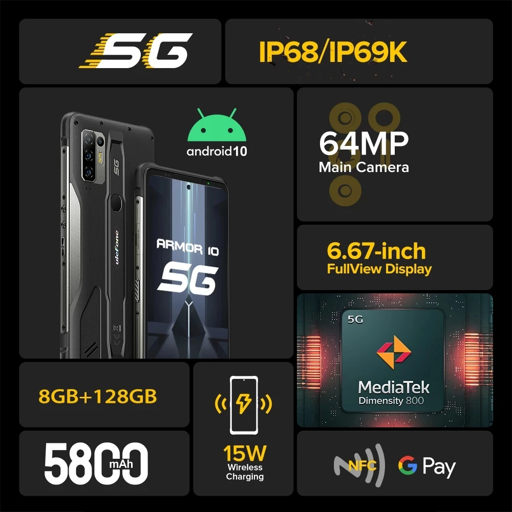 Ulefone Armor 10 5G SmartPhone  Android 10 8GB +128GB Waterproof Rugged Mobile Phone  6.67 FullScreen 64MP Octa Core Cellphone
