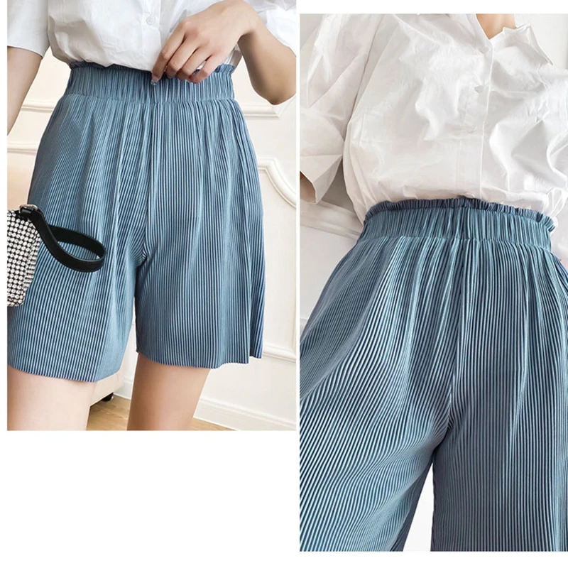 

Harajuku Summer New Solid Pants Fashion Elasticity Pleated Loose Style Short Pants Wide Leg Sweatpants High Waist Pants