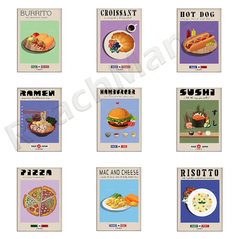

Food poster, burger, sushi, ramen, pizza, hot dog, risotto, macaroni and cheese, burrito, croissant food printing kitchen poster