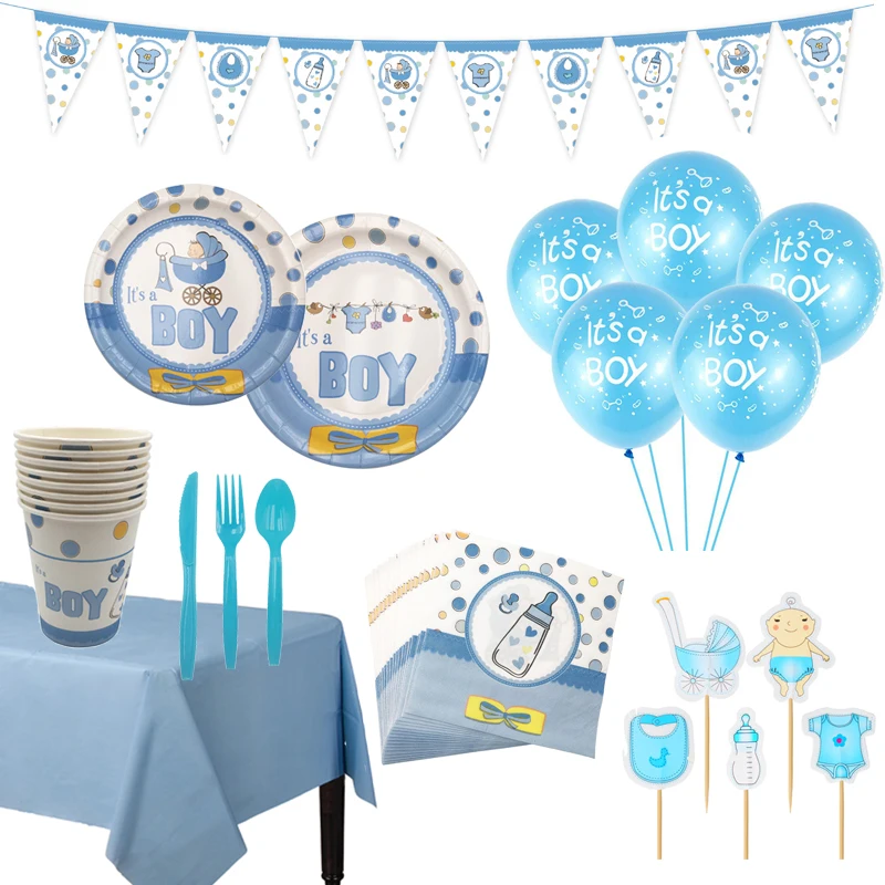 

New Boys Birthday Party Tableware Supplies Paper Plates Cups Napkins It's A Boys Girls Letters Party Decorations Baby Shower