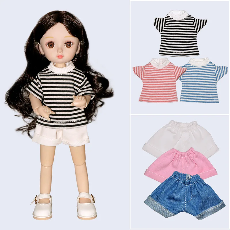 

28cm Doll Overalls Clothes for 1/6 Bjd Accessories Striped T-shirt Casual Short Sleeve Top Denim