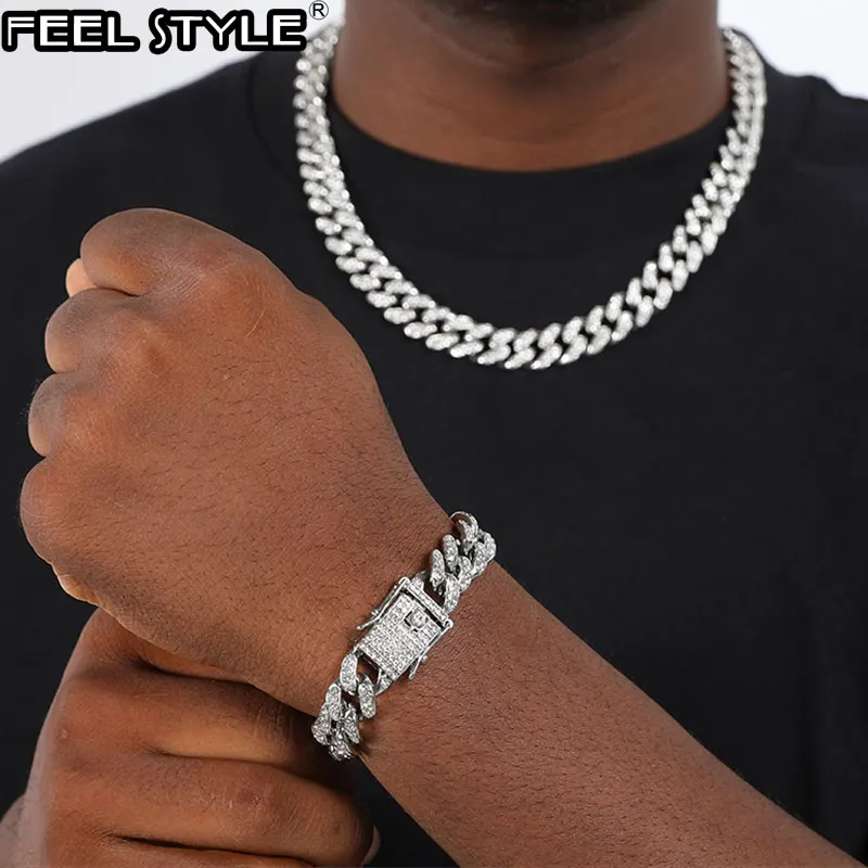 

1Set Full Iced Out Paved Rhinestones 13MM Gold Gold Miami Curb Cuban Chain CZ Bling Rapper Necklaces For Men Hip Hop Jewelry