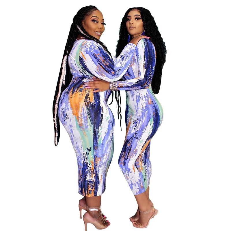 

Cross-Border Supply in Europe and America New Printed Tight Bag Hip Front and Back Two Wear Large Size Women's Dress 20860