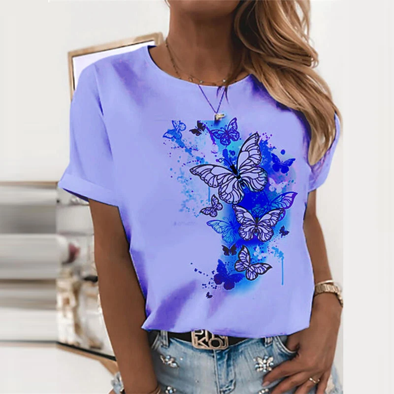 

2021 Fashion Butterfly Printed Basic Sweatshirt Summer Short Sleeve Loose Women Shirt Blouse Casual O-Neck Tops Blusas Streetwer