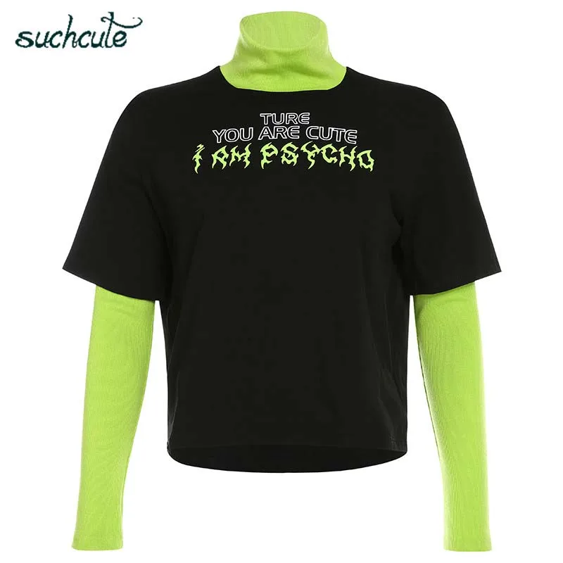 black tops SUCHCUTE Лоскутная Женская футболка Modis Longslive футболка для женщин уличная водолазка сорочка Femme осень Топы фестиваль - Цвет: black tops