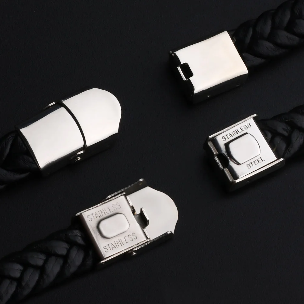 

2021 Fashion Jewelry Vintage Silver Glossy Stainless Steel Leather Bracelet Charm Cuff Hand Woven Bracelet For Men Pulseras