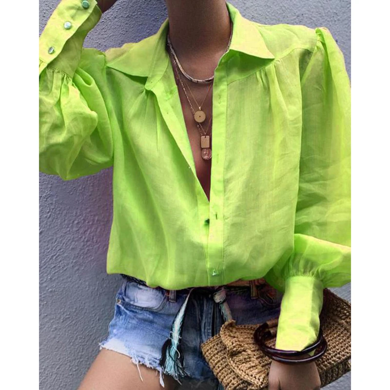 Повседневная свободная кнопка фонарь рукав женские топы элегантные офисные