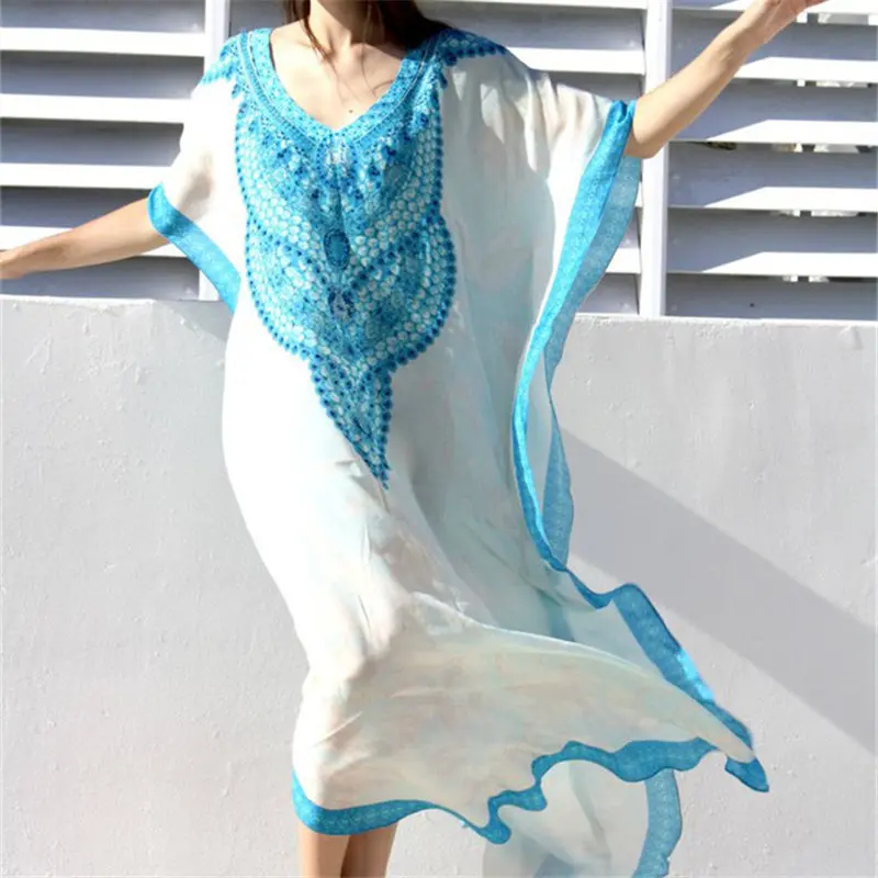 Пляжное Хлопковое платье-Кафтан большого размера Пляжная туника-накидка на