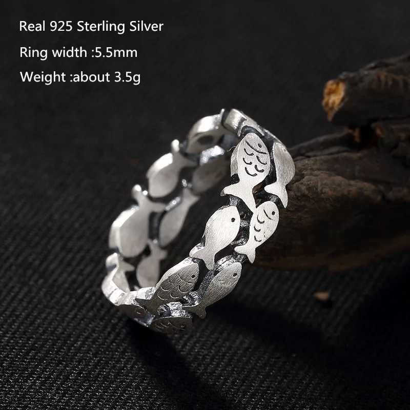 

925 Sterling Silver Female Male Finger Ring Vivid Two-row Small Fish Large Size Animal Jewelry Ring for Women Men