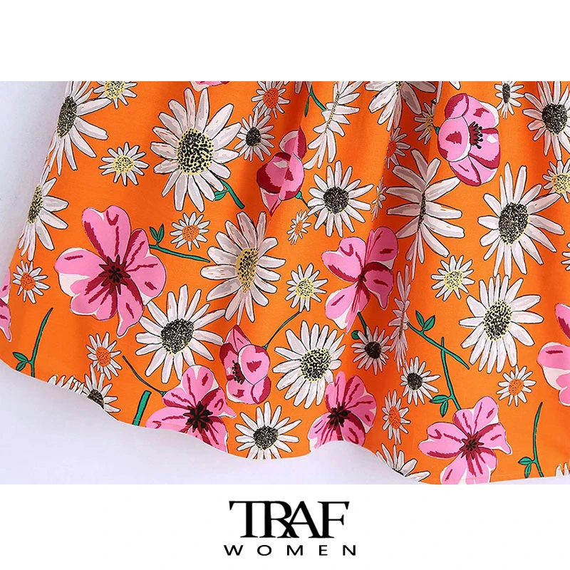 

TRAF Za Women Chic Fashion Floral Print Pleated Mini Dress Vintage O Neck Short Sleeve Female Dresses Vestidos Mujer