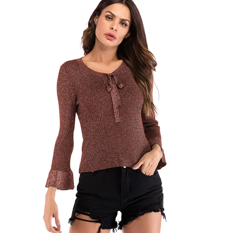 

Модный женский свитер, Осенний Повседневный пуловер с V-образным вырезом, однотонный облегающий базовый вязаный свитер с бантом Donsignet