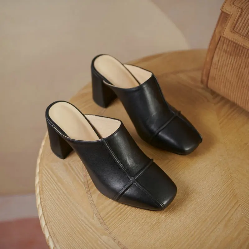 

Genuine Leather Summer Closed Toe Elegant Mature Lady Pumps Block High Heels Woman's Sandals Big Size 33-43 Women Heels Mules
