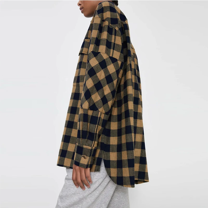 

ZA Women Plaid Shirt Elegant Long Sleeve Turn Down Collar Long Tops Spring Autumn Office Lady Fashion Loose Tops