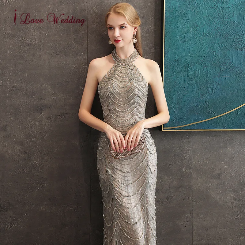 Женское вечернее платье без рукавов Элегантное Длинное бальное цвета шампанского с бисером и лямкой вокруг