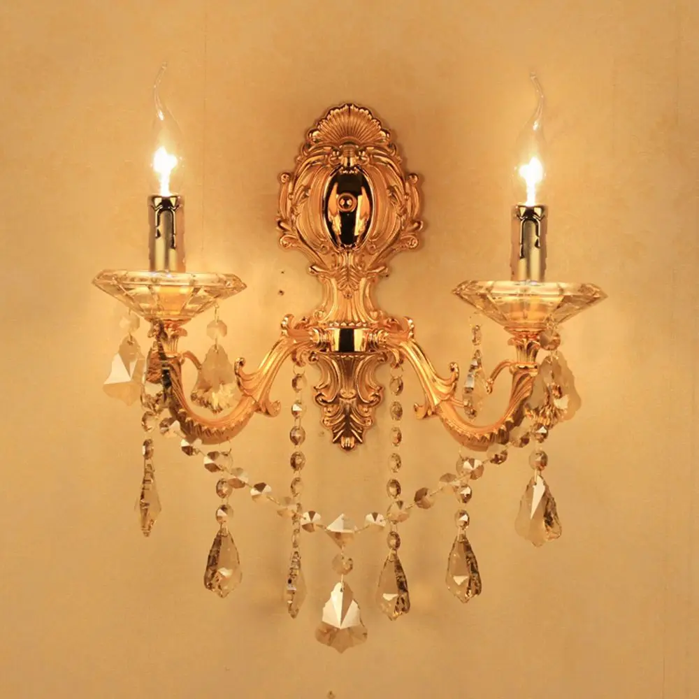 Европейские золотые резные настенные светильники из сплава и ткани Хрустальный