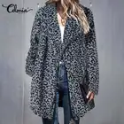 Celmia 2021 зимние винтажные куртки с отворотами, женские модные пальто с леопардовым принтом, длинные рукава, флисовые карманы, длинная верхняя одежда, праздничное пальто