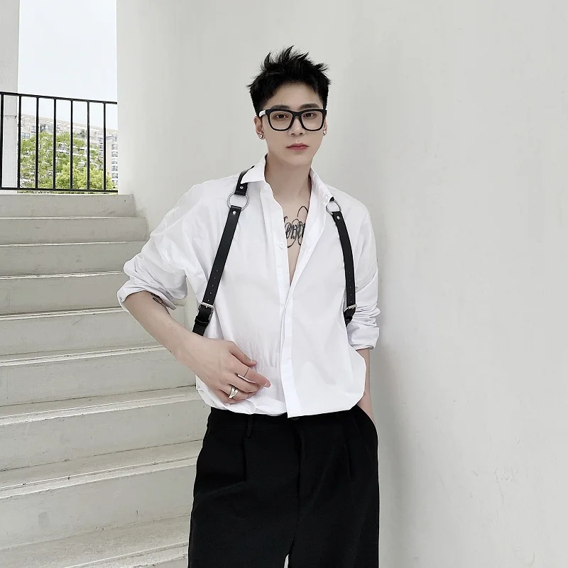 Мужские повседневные рубашки с длинным рукавом и кожаным ремнем мужские Модные