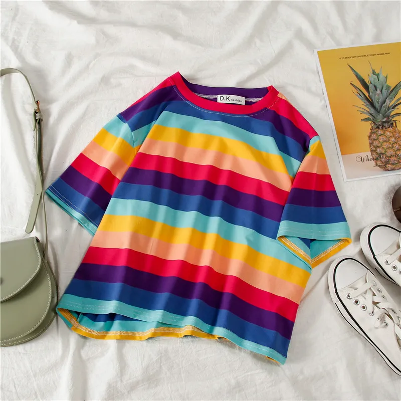

Women's T-shirt 2020 Summer Casual Loose Female T-shirt Rainbow Stripes Round Neck Short Tshirt Femme Cotton Tshirt Feminino Top