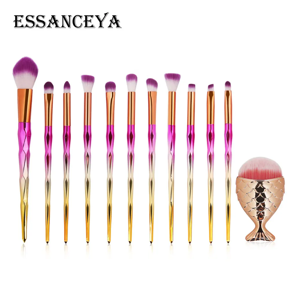 ESSANCEYA Горячая 11/21 шт. Русалка алмазные кисти для макияжа комплект рыбий хвост основа для макияжа лица Румяна Тени для век макияж кисть для смешивания кисти для макияжа - Handle Color: 12PCS